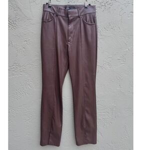 ZARA Womens Faux Leather Pockets Tailored High Waist Brown Glam Flare Slit Pants